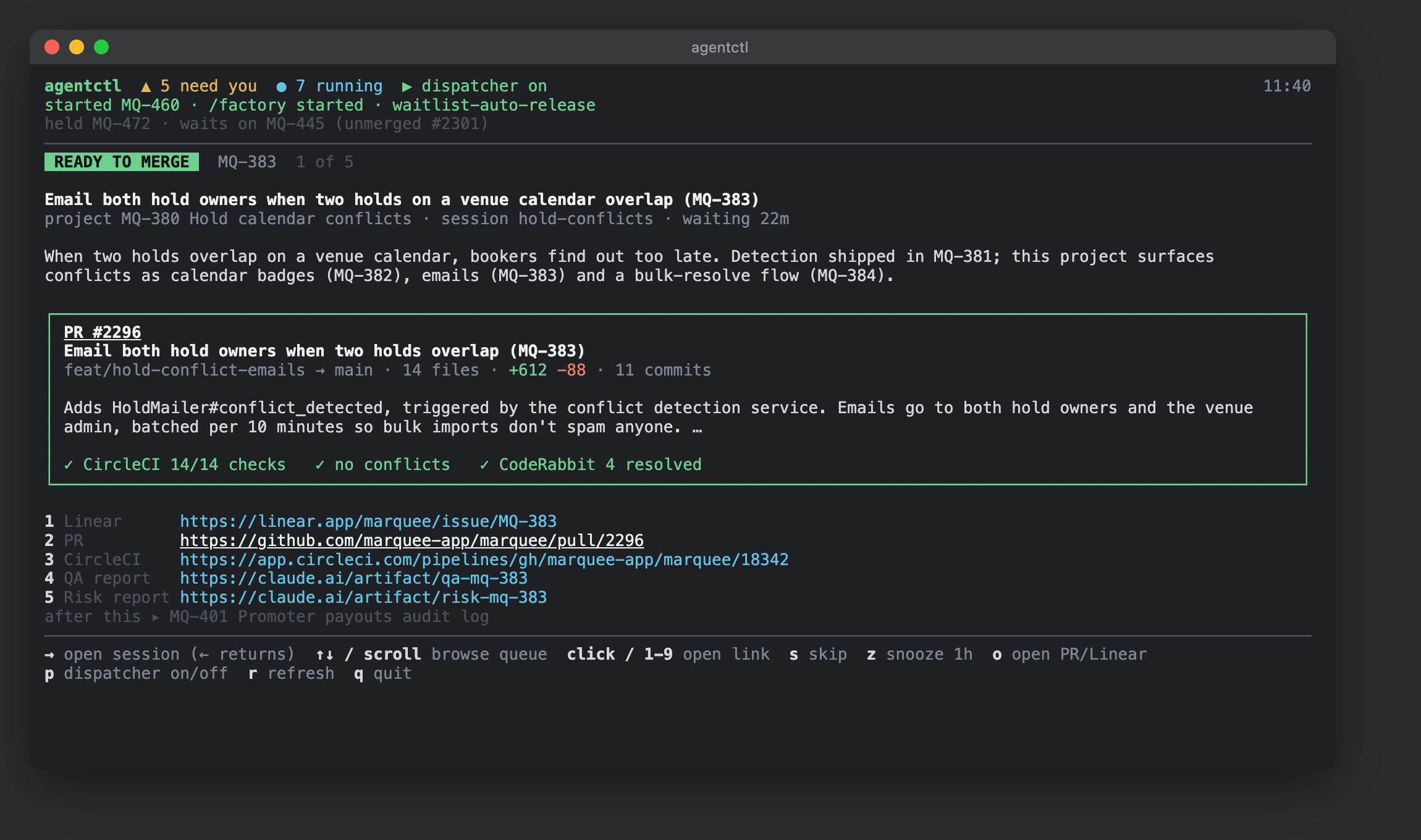 agentctl showing a pull request that is ready to merge, with its summary, three green merge gates and links to Linear, the PR, CircleCI and the QA and risk reports