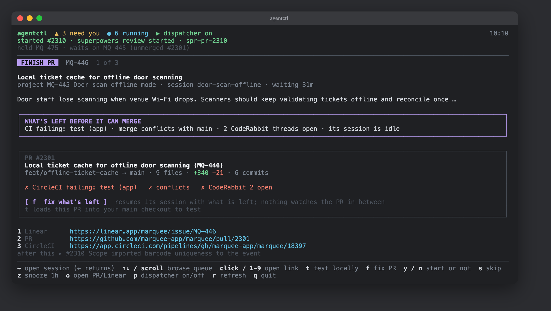 agentctl showing a Finish PR card: CI failing, merge conflicts and two open CodeRabbit threads, with a fix button