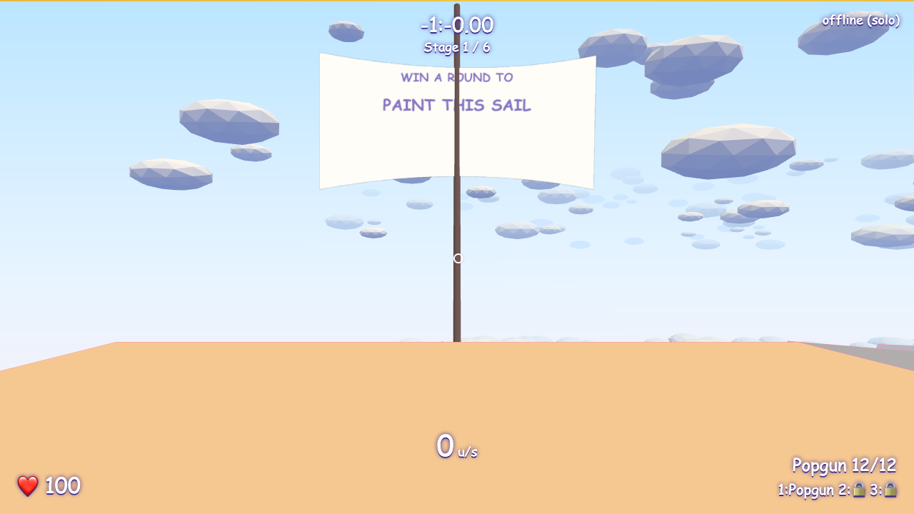 v1: a sail you could paint by winning a round. Low-poly clouds, a popgun, a HUD that was one step from Comic Sans.