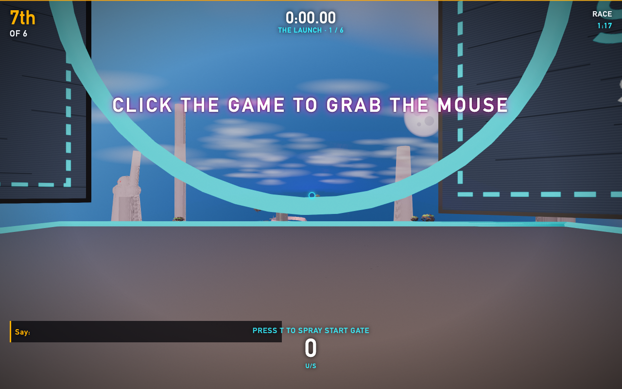 v2.1: the course from the lobby flythrough. Floating rocks, a cloud sea, and a podium that said no finishers.